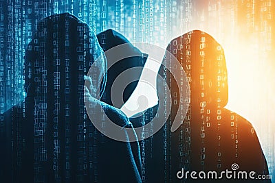Hooded Figures Illuminated by Binary Code Representing Cyber Threats to Global Security Stock Photo