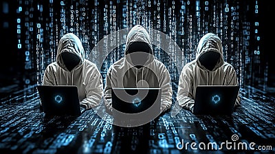 Three hooded figures using laptops, surrounded by digital data streams Stock Photo
