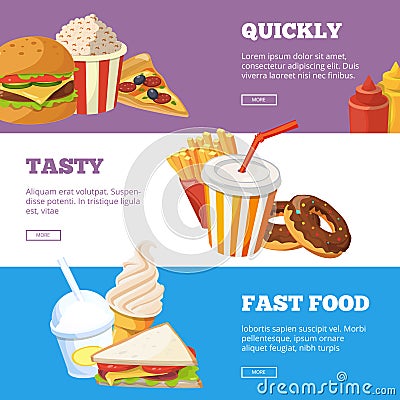 Three horizontal banners of fast food vector illustrations with burger, sandwich, ice cream and cold drinks Vector Illustration