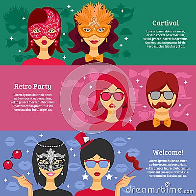 Three Horizontal Banners For Party Advertising Vector Illustration