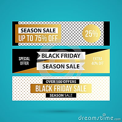 Three horizontal Black Friday banners in golden style Vector Illustration