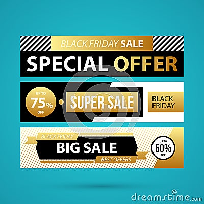 Three horizontal Black Friday banners in golden style Vector Illustration