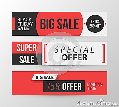 Three horizontal Black Friday banners in retro black and red style Vector Illustration