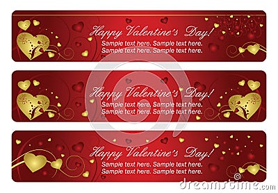 Three horizontal heart valentines banners Vector Illustration