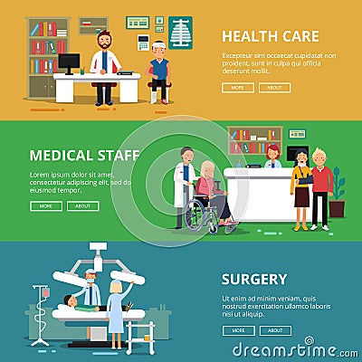 Three horizontal vector banners of healthcare concept pictures. Medical rooms and offices in hospital. Patients and Vector Illustration