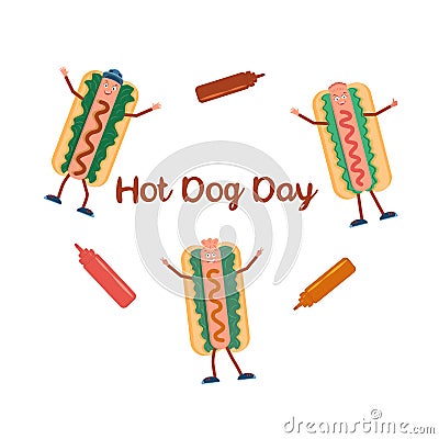 Three smiling hot dogs with different fillings on a white background, ketchup Cartoon Illustration