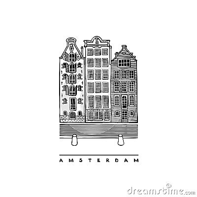 Three houses on the Damrak Avenue, Amsterdam, Netherlands. Central streets, houses, and canals. Vector illustration of European Vector Illustration