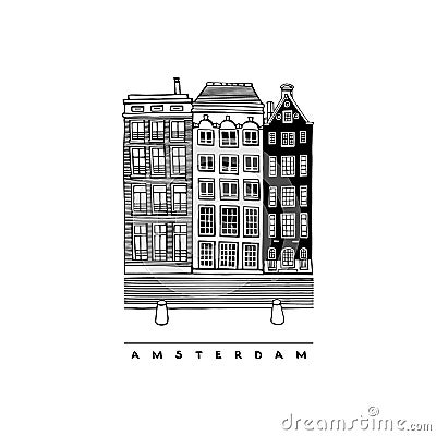 Three houses on the Damrak Avenue. Central streets, houses, and canals of Amsterdam, Netherlands. Hand-drawn collection. Vector Illustration