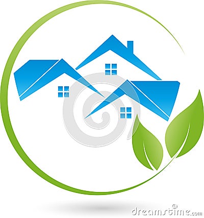 Three houses and leaves, plant, real estate and eco houses logo Stock Photo