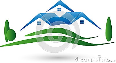 Three houses and meadow, real estate and houses Logo Stock Photo