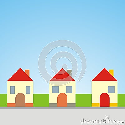 Three houses, meadow and road, your text, eps. Vector Illustration