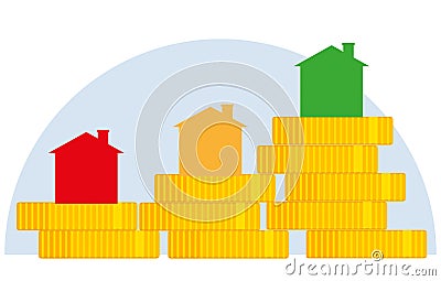 Three houses on piles of new coins vector illustration Cartoon Illustration