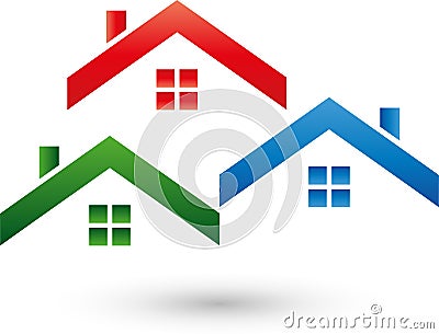 Three houses, roofs, roofers and real estate logo, icon Stock Photo