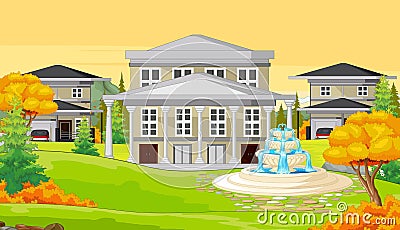 Three Houses With Trees and Water Fountain in Autumn Cartoon Vector Illustration Stock Photo