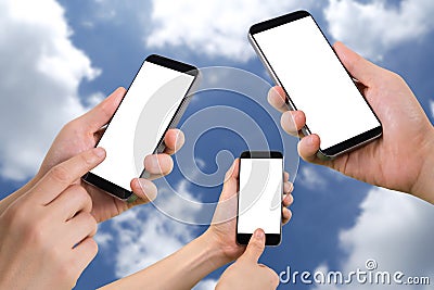 Three human hand hold, touch and fingerprint scan on smartphone with blank screen on cloudy sky background. Stock Photo