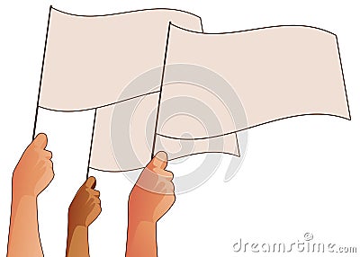 Three human hands waving white flags isolated on white background Stock Photo