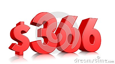 366$ Three hundred sixty six price symbol. red text number 3d render with dollar sign on white background Stock Photo