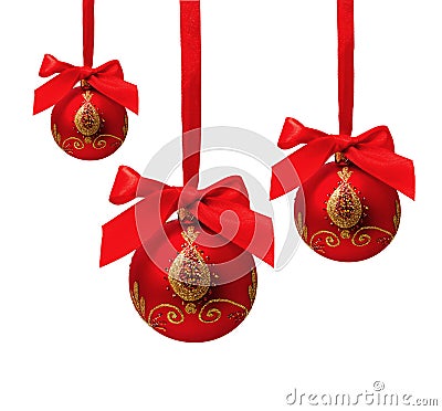 Three hunging red christmas balls isolated Stock Photo