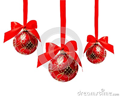 Three hunging red christmas balls isolated Stock Photo