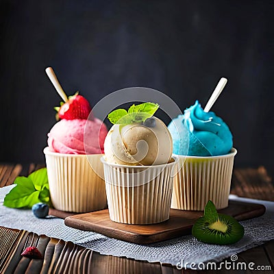 Three ice cream desserts with blurred background Stock Photo