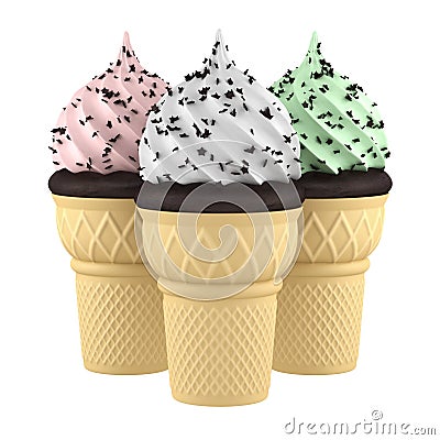 Three ice creams in waffle cones isolated on white Stock Photo