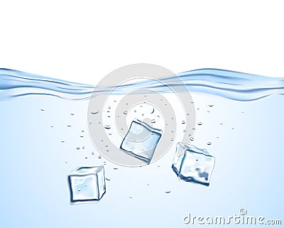 Three ice cubes in the fresh water Vector Illustration