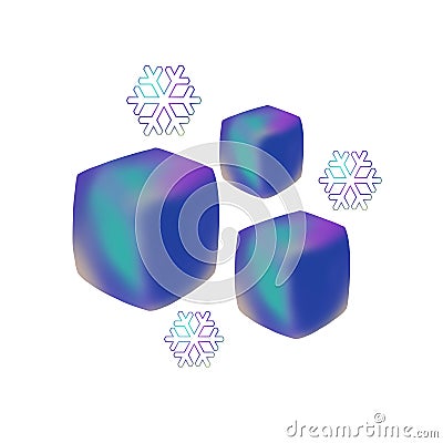 Three ice cubes and snowflakes symbol isolated on white background. Stock Photo