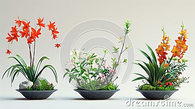 Three ikebana flowers with different flowers Stock Photo