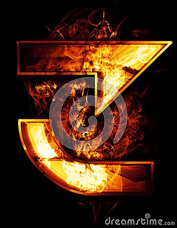 Three, illustration of number with chrome effects and red fire Cartoon Illustration