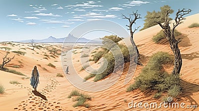 Namibian Dunes: A Tender And Poignant Illustration In The Style Of Milo Manara Stock Photo