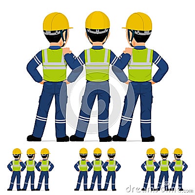 Three industrial worker standing together on white background Vector Illustration