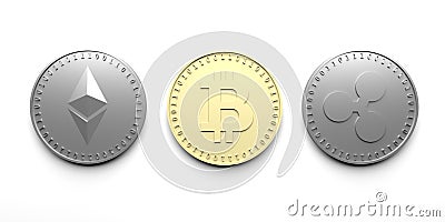 Three isolated coins on a white background - Bitcoin, Ethereum, Ripple, 3D rendering. Editorial Stock Photo