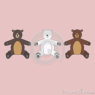 Three isolated teddy bears toys Vector Illustration