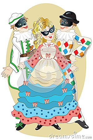 Three Italian carnival masks from the theater of the commedia dell`arte Vector Illustration