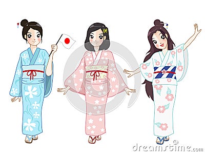 Three japan girl in dress Vector Illustration