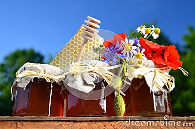Three jars full of delicious fresh honey, piece of honeycomb honey dipper and wild flowers in apiary Stock Photo