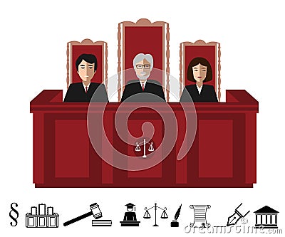 Three judges sitting at the court. Justice illustration with black and white judgeship icons set Cartoon Illustration