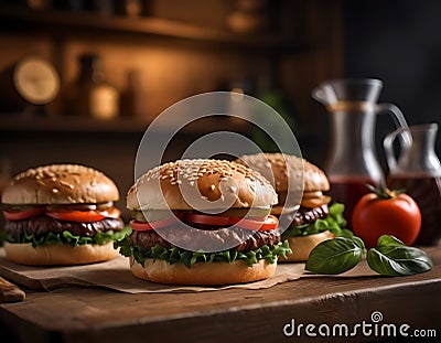 Three juicy burgers with meat. Stock Photo