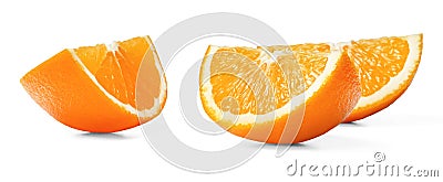 Three juicy fresh orange slices with peel on a white isolated background. Close up. Stock Photo