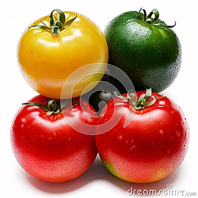 Three juicy red tomatoes are on a white background. Stock Photo