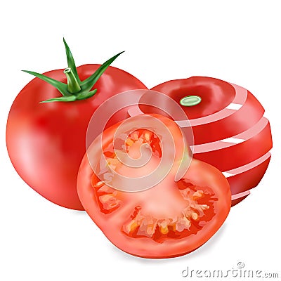 Three juicy ripe red tomato half Stock Photo