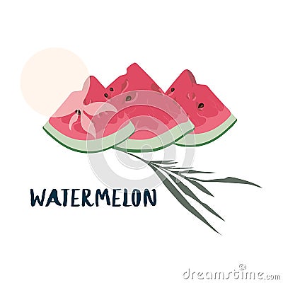 Three juicy slices of fresh bright red watermelon with seeds Vector Illustration