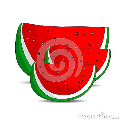 Three juicy slices of watermelon, cartoon on a white background. Vector Illustration