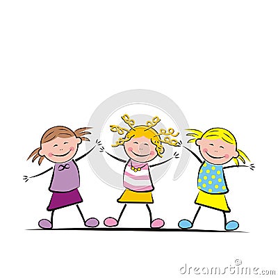 Three jumping girls, school children, happy kids, eps. Vector Illustration