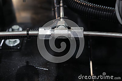 three junction of piping system in industrila machine ; engineering equipment background Stock Photo