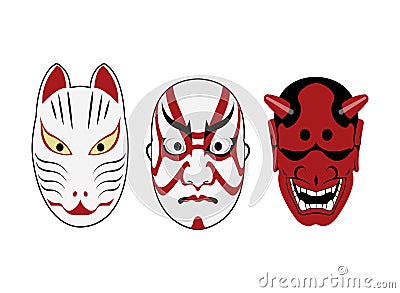 Three kabuki masks isolated on a white background Vector Illustration