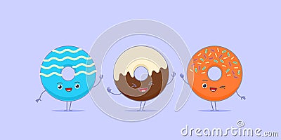 Three kawaii donuts. Vector Illustration