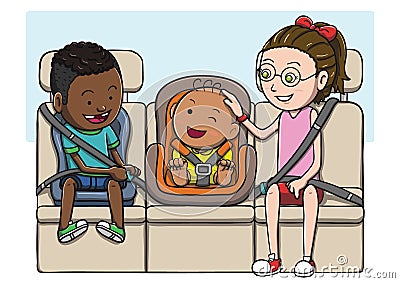 Three kids in the backseat using safety belt and child seat. Vector Illustration