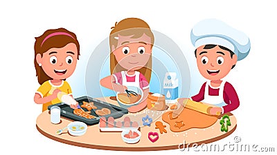 Three kids baking cookies mixing flour, eggs, milk Vector Illustration