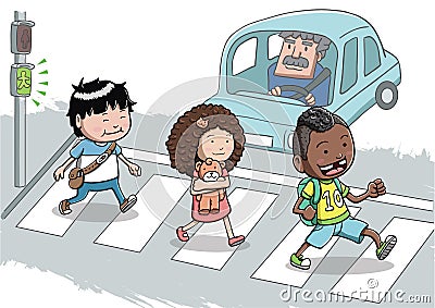 Three kids crossing the street using the crosswalk Vector Illustration